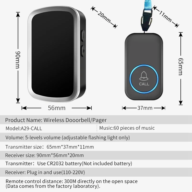 CACAZI Wireless Bell Caregiver cercapersone segnale forte a lunga distanza 60 canzoni 5 livelli Volume infermiera sistema di avviso pulsante di chiamata SOS