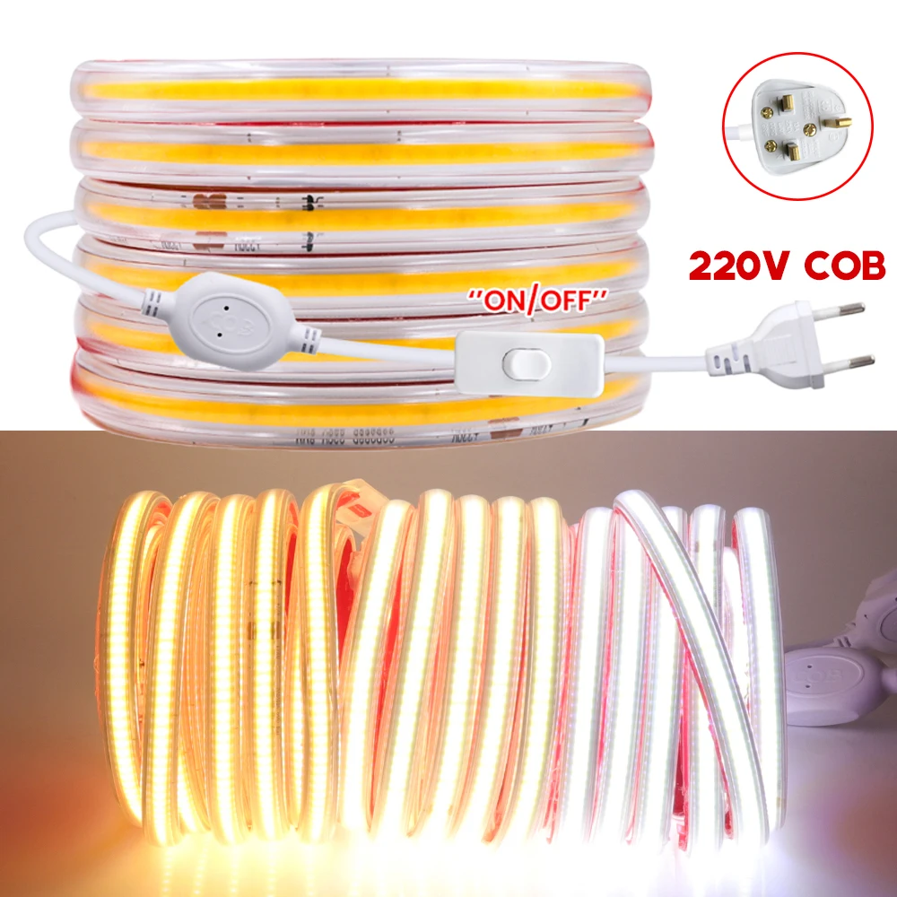 

COB LED Strip 220V Flexible Ribbon FOB Light With Adhesive Tape 288Leds/m RA 90 High Brightness 3000K-6000K Waterproof Led Tape