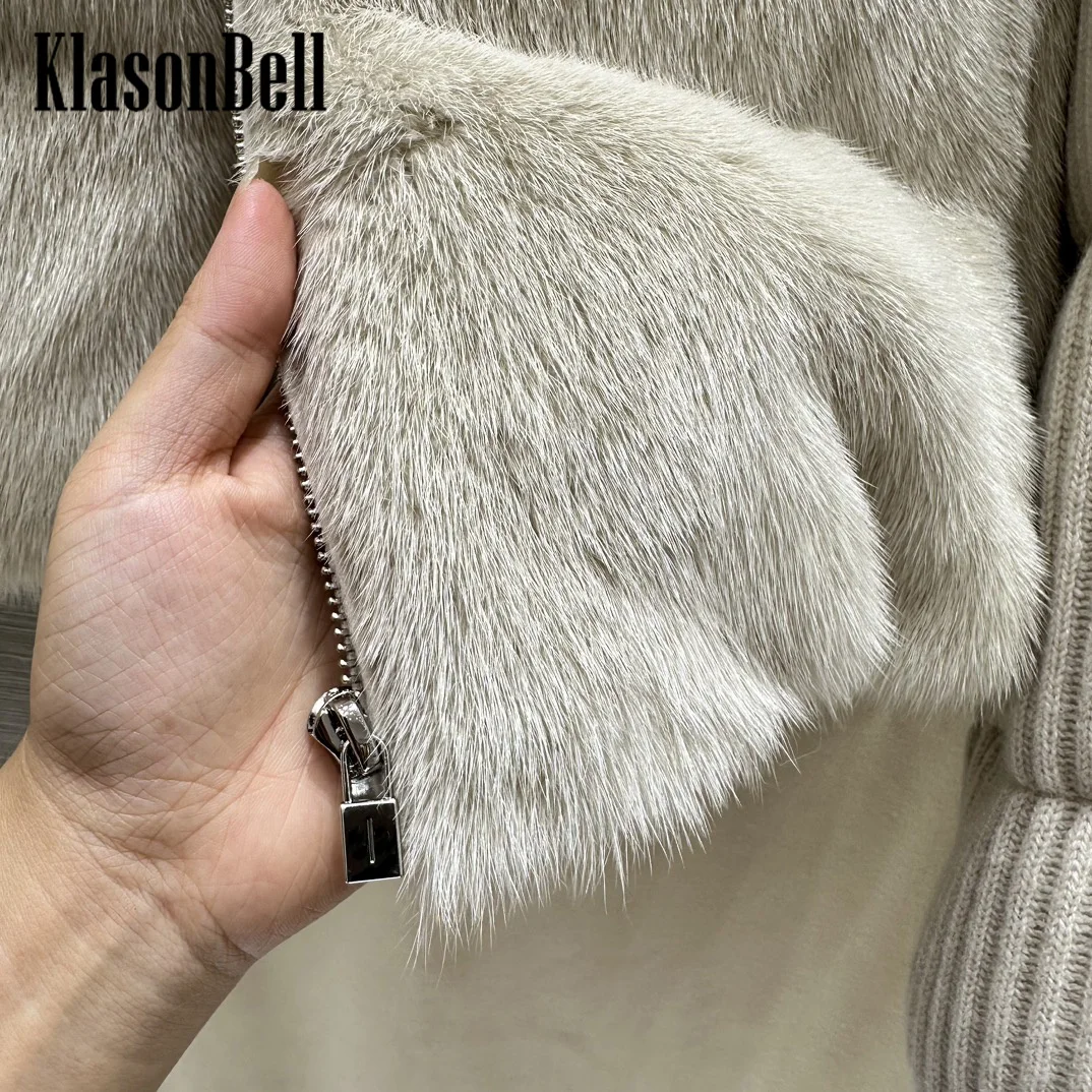 9.9 KlasonBell Women\'s Luxury Mink Spliced Cashmere Knit Down Jacket Stand Collar Goose Down Thick Keep Warm Loose Outerwear