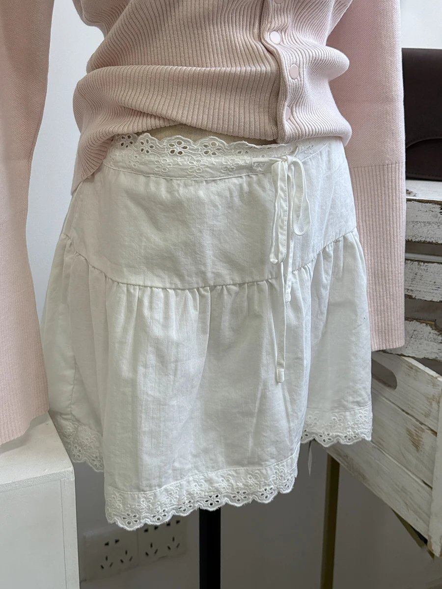 Lace Trim A-line Shirks Women New Cotton High Waist Elastic Ruffles Hem Sweet Mini Skirts Vintage Cute Streetwear Chic Falda