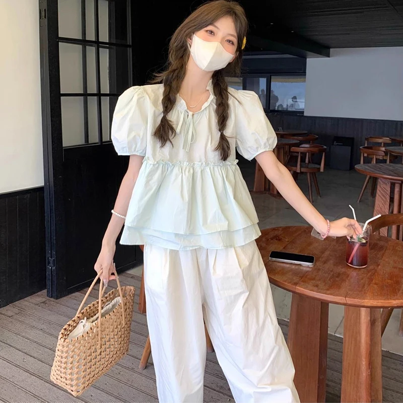 Ruffles Shirts and Blouses Korea Summer Elegant and Youth Woman Blouses Female Top Short Sleeve Solid Shirts Sweet Clothes 2024