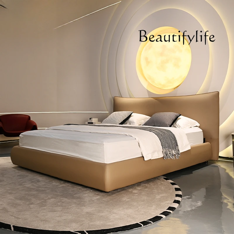 Italian minimalist/imported first-layer cowhide/master bedroom Chanel suspended soft leather double bed