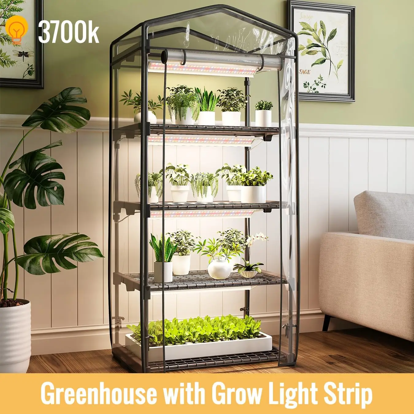 

Indoor Greenhouse with Grow Light and Shelves - 4 Tier Plant Stand with Grow Light, Zippered PVC Cover and 3 Dimmable