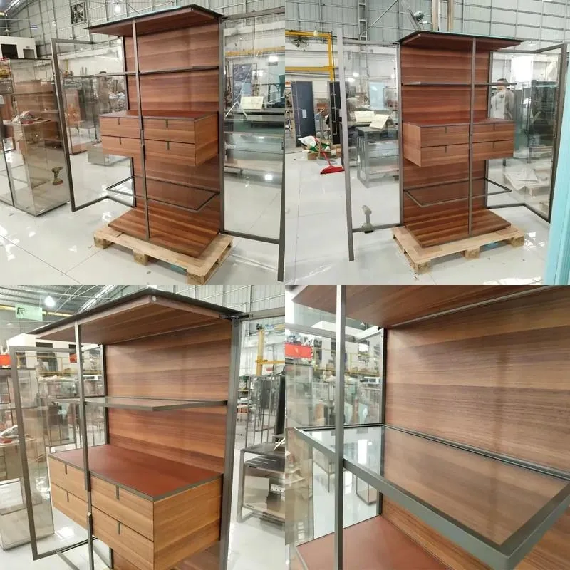 High Quality Aluminum Wood Display Cabinet with Glass Door and Aluminum Frame Wooden Frame Combination Design