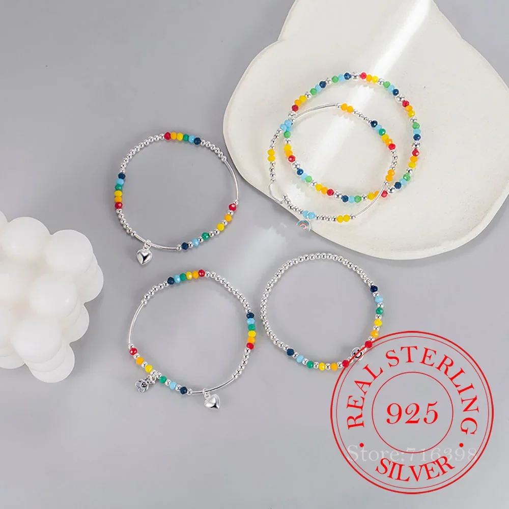 Korean 925 Sterling Silver Colorful Beads Ball Charm Bracelet for Girls Students Silver 925 Luck Bracelets Party Jewelry Gift