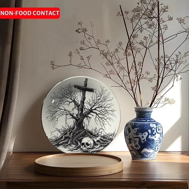 1pc of Gothic Style Black And White Ceramic Decorative Plate Featuring a Skull And Crossbones Art Piece, Non-Food Contact,