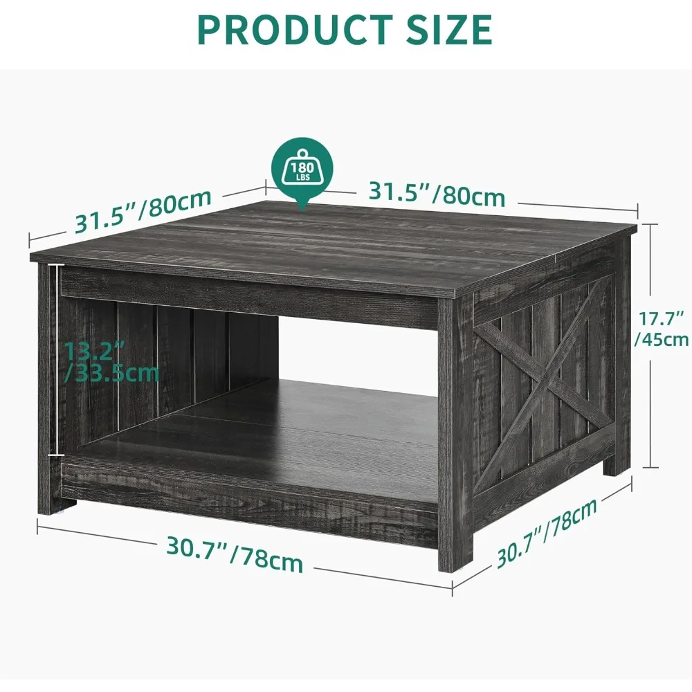 Coffee Table Farmhouse, Square Coffee Table with Semi Open Storage Compartment, Dark Country Style Oak