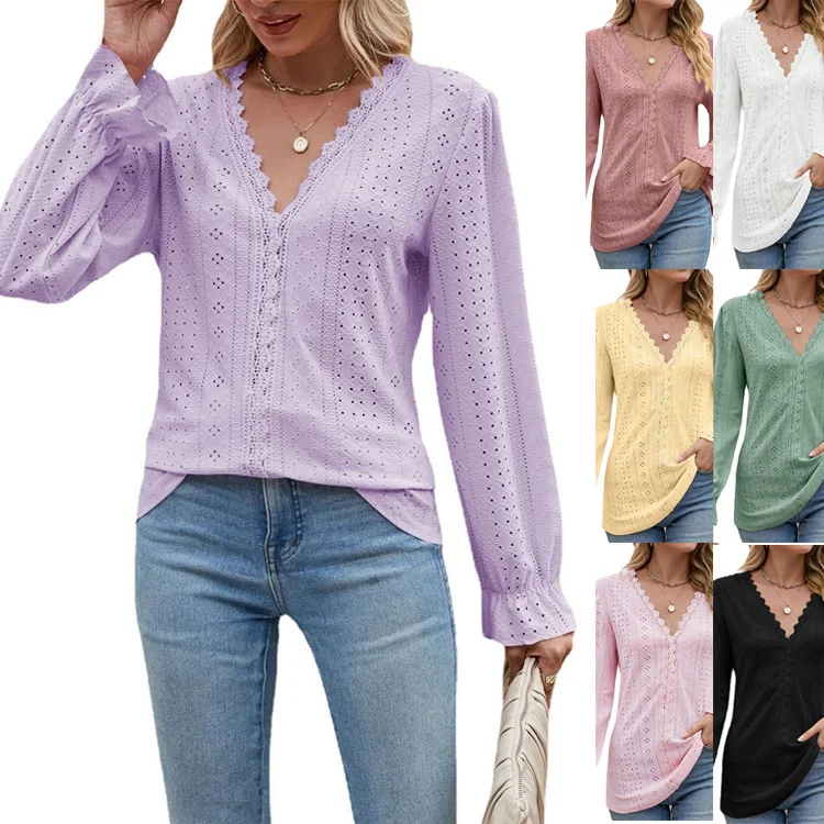 2024 Spring Autumn New Women's Long Sleeve Tops Solid Color Lace Panel V-neck Long Sleeve Loose T-shirt Top Soft Comfy Tees