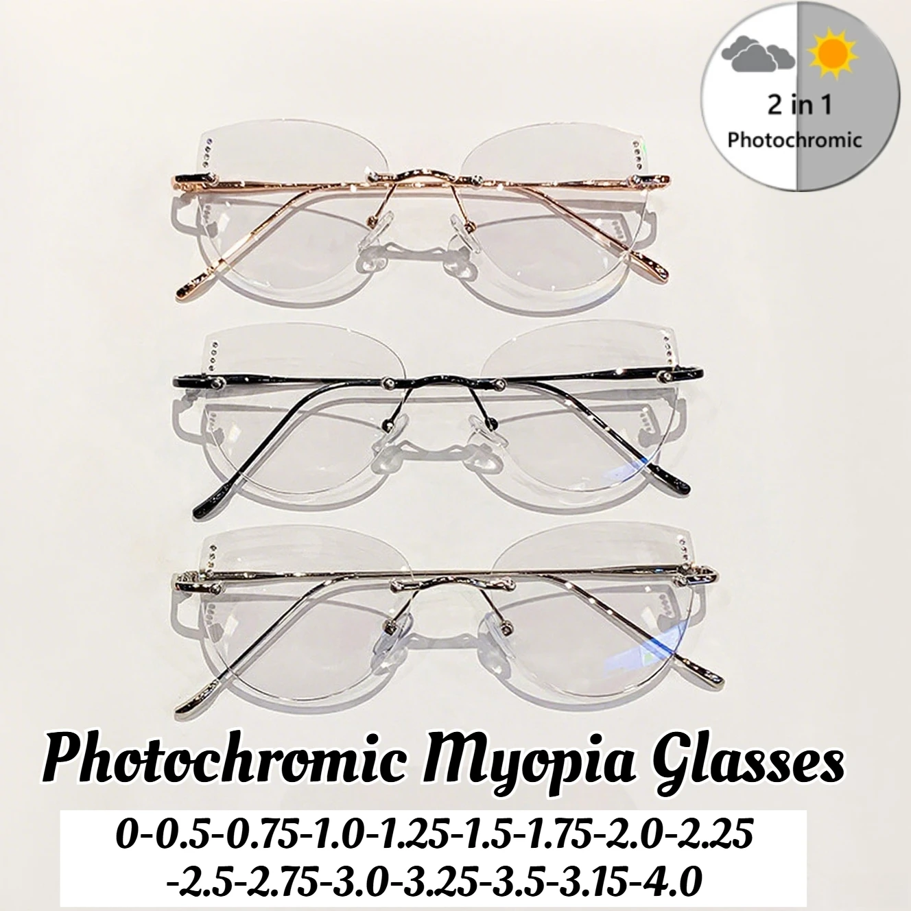 

Neutral Fashion Cat-eye Rimless Photochromic Myopia Glasses Luxurious Ultra-light Blue Light Blocking Myopia Glasses -3.5-4.0
