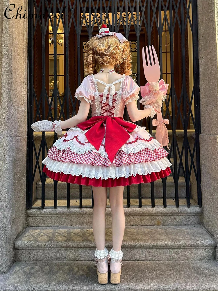 Robe de princesse OP pour filles, magnifique robe de princesse fraise, mignonne, manches courtes, taille haute, élégante, gâteau, robe Lolita pour femmes