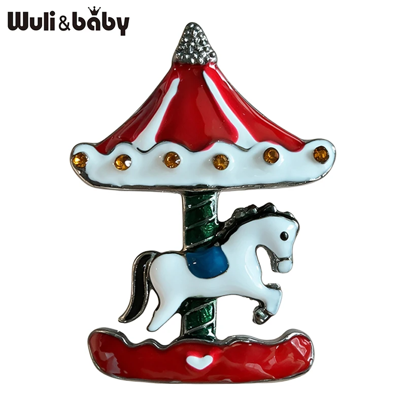 Wuli&baby Enamel Carousel Horse Brooches For Women Unisex Lovely Merry-go-round Party Casual Brooch Pin Gifts