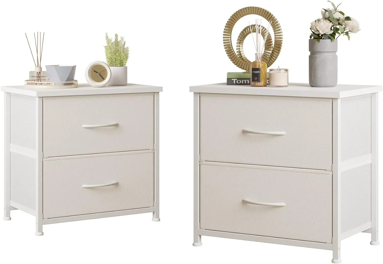 

NEW White Nightstand with Drawer, 2 Drawers Dresser for Bedroom, Small Night Stand and Dressers Sets Fabric Drawers USA