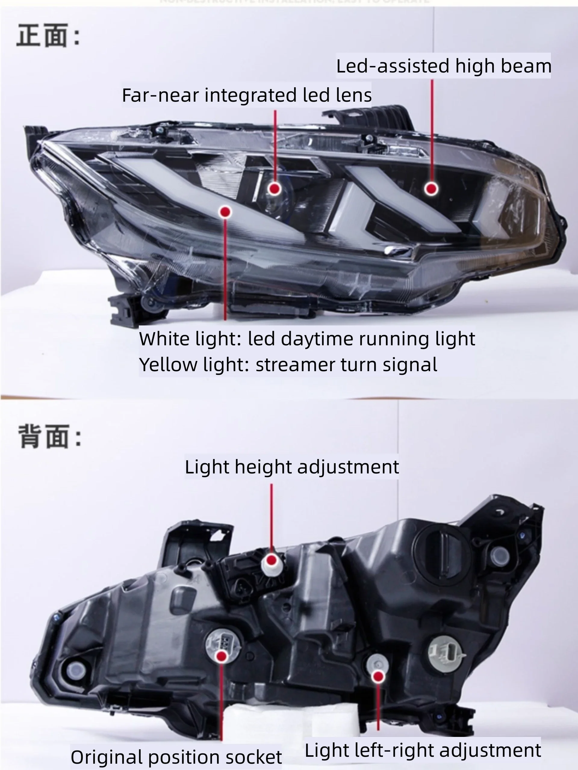 Led Front Headlight Assembly for Honda Civic Lamborghini Modified Daytime Running Light Turn Signal Car Accessories