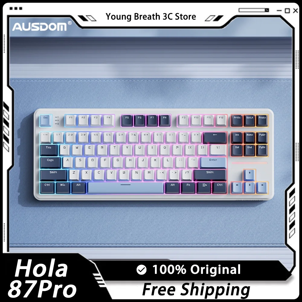 

AUSDOM Hola 87Pro Three Mode Hot Swap Wireless Bluetooth PBT Gasket Accessories RGB Office Game Custom Mechanical Keyboard Gift