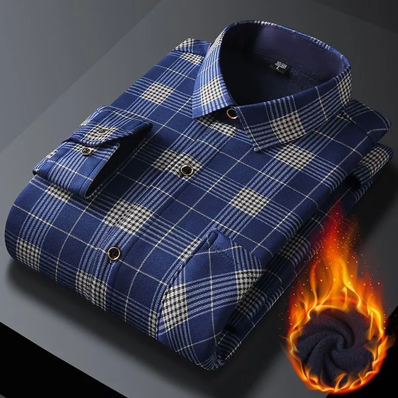 2024 Autumn/Winter Fashion Plaid Shirt Men\'s Casual Relaxed Comfortable Plus Fleece Thick Warm High Quality Long Sleeve Shirt