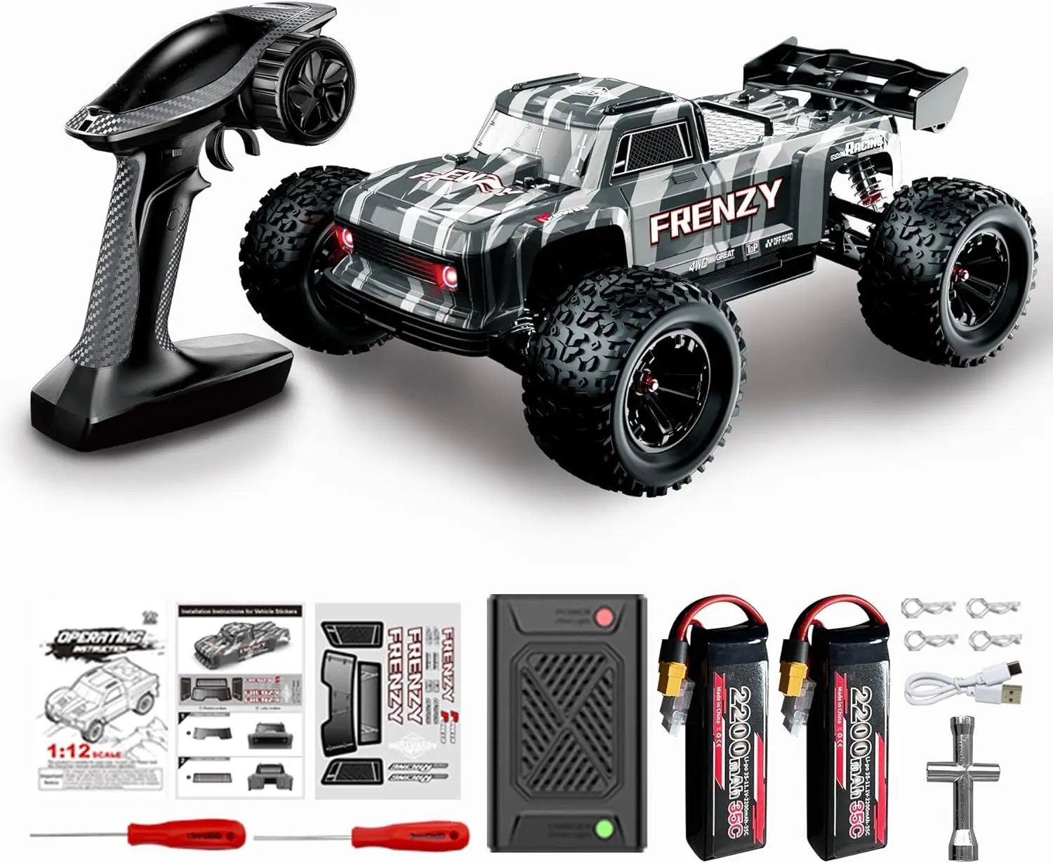 

1:12 4WD RC Monster Truck Brushless Motor, 70+km/h High Speed, Double 3S Li-Po Battery with Balance Charger, Waterproof All-Terr