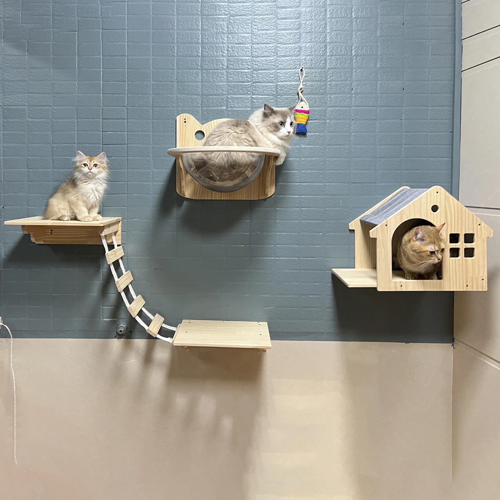 1pc Wall Mounted Cat Condo Villa Wooden Cats Climbing Floating Shelf Kitten House Wall Furniture for Sleeping and Resting