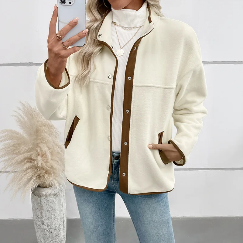 

European and American Contrasting Color Fleece Cardigan 2025 Autumn and Winter Clothes Women Short Stand-up Collar Casual Jacket