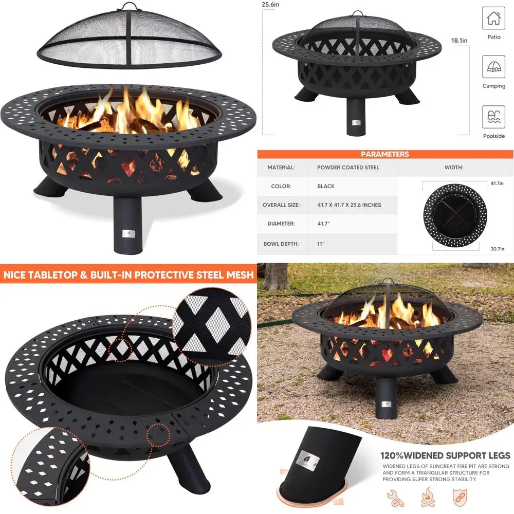 

Large Round Outdoor Wood Burning Fire Pit with Wider Tabletop, Spark Screen, Fire Poker, Phombus Pattern