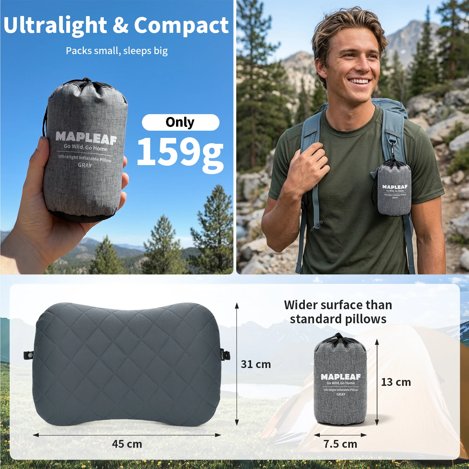 Almohada de camping MAPLEAF, con funda lavable e inflable, ultraligera, con soporte ergonómico para el cuello y válvula de inflado rápido, ideal para acampar, dormir en tiendas de campaña y para llevar en la mochila.