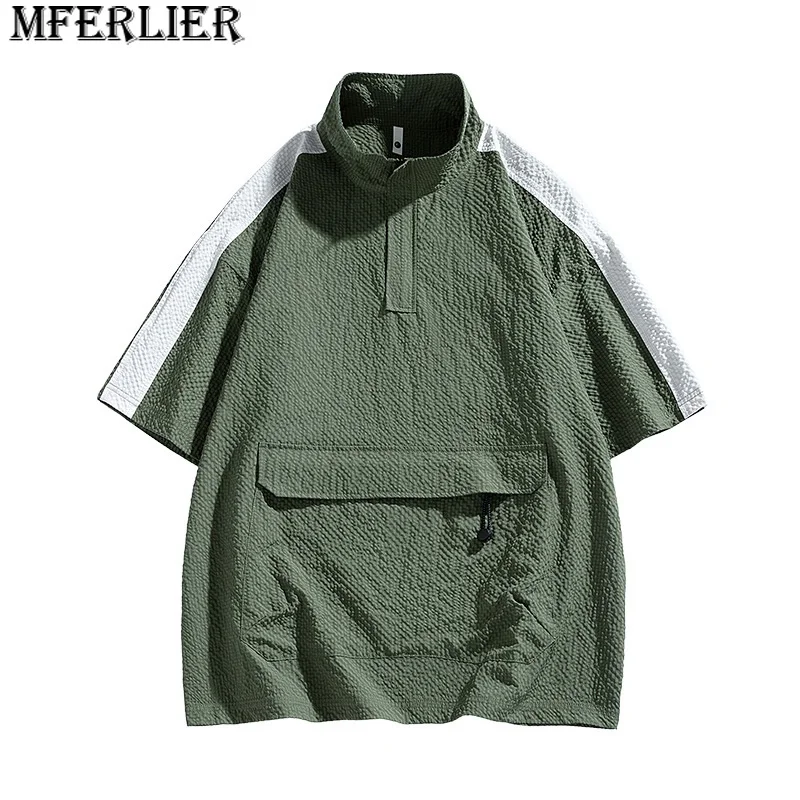 

summer men hooded tshirt patchwork pocket zipper plus size 8XL japanese style fashion tops tees hipster cool high street tshirt