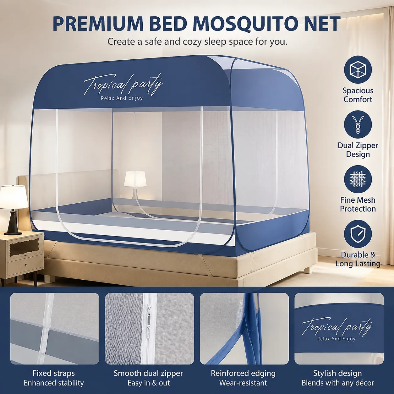 Instant Setup Mosquito Net Tent with Frame Breathable Fine Mesh Fabric Foldable Bed Canopy  Anti-Fall Full Bottom & Double Doors