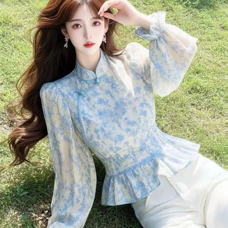 

Spring Fall 2025 New Chinese Style Ruffles Blue Floral Chiffon Top Shirt , Woman Clothing Flower Pattern Tops Shirts