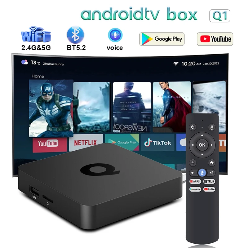 

Q1 2.4G/5G Dual Band WiFi & Bluetooth 5.2 Smart TV Box 4K Set Top Box with Voice Control Streaming Media Player