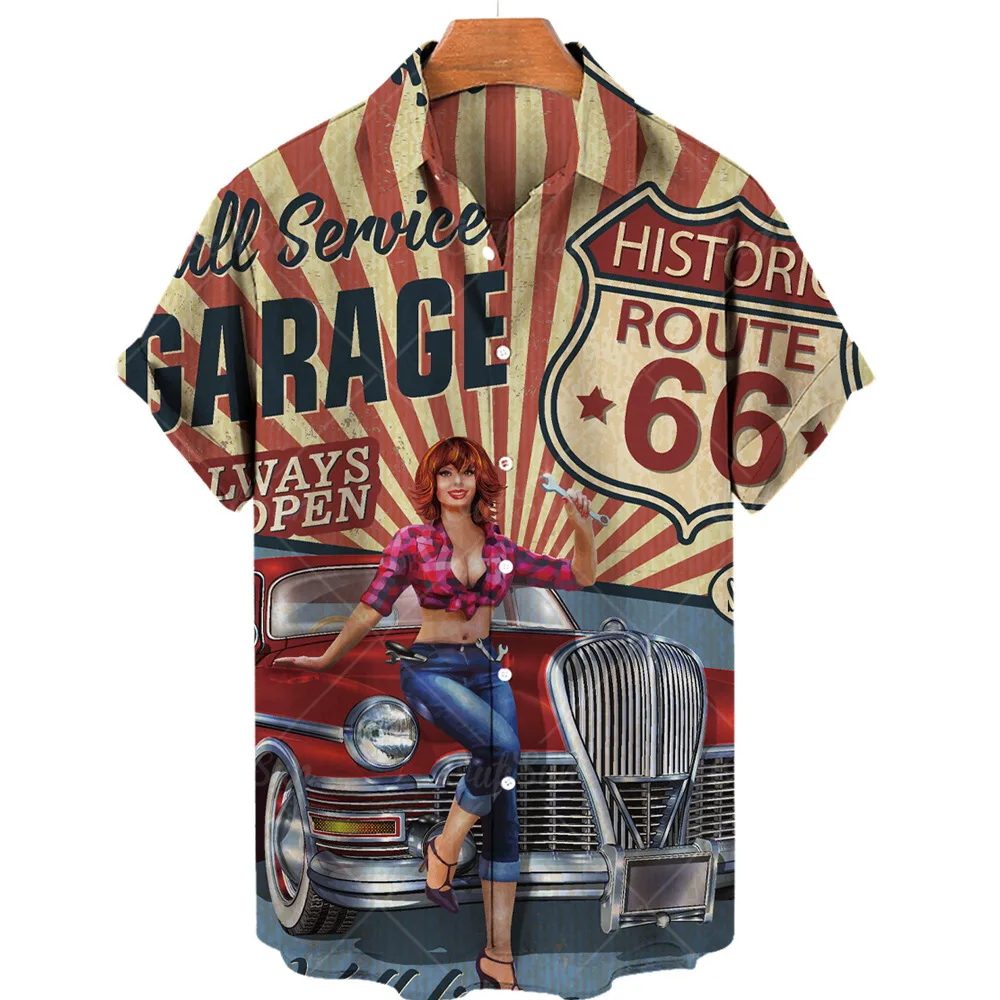 

Vintage USA History Route 66 Highway Men's Shirts 3D Printed Short Sleeve Beach Shirt Travel vacation Style Oversized Streetwear