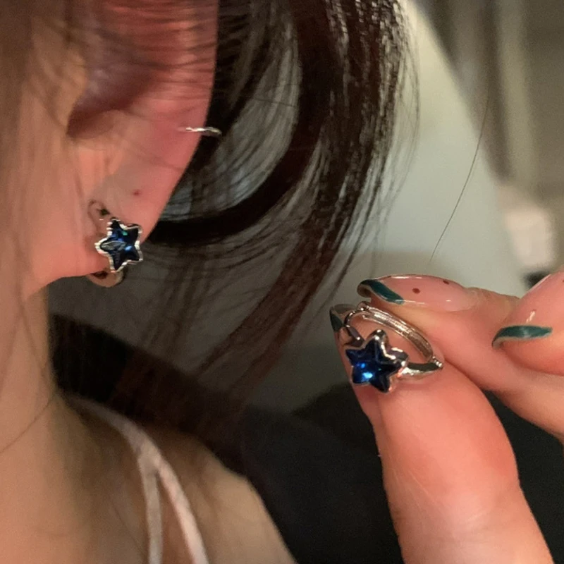 Y2K-pendientes de aro con forma de estrella azul para mujer y niña, aretes Vintage sencillos, regalo de joyería estética