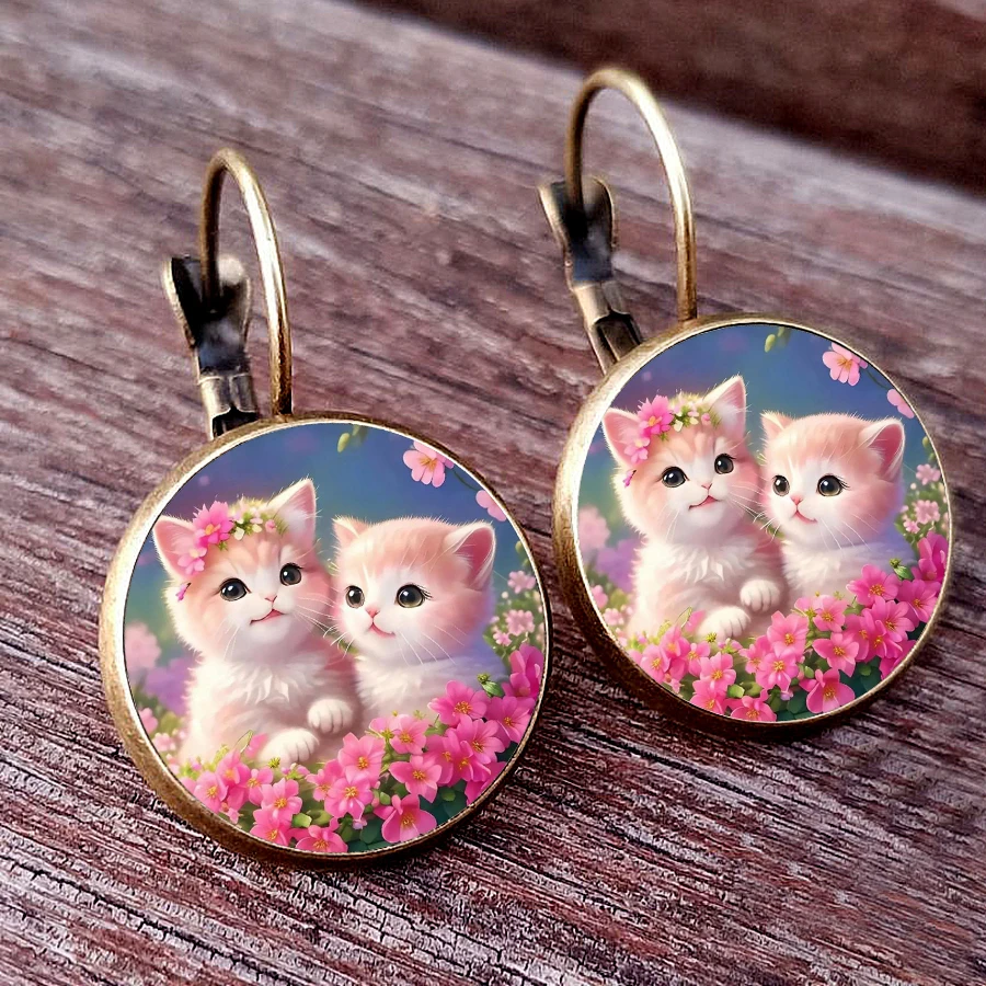 New arrived cuddled kitten women's earrings cute cat glass Cabochon girl earrings jewelry earrings for friends to wear together