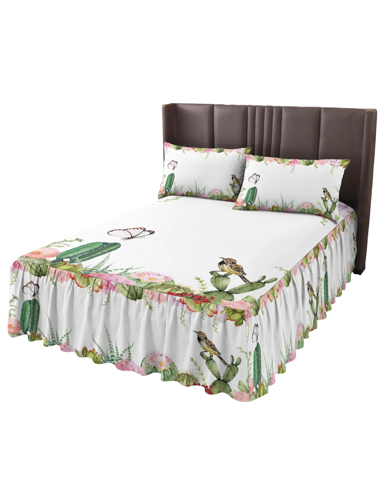 Bird Flower Succulent Butterfly White Bed Skirt Elastic Fitted Bedspread With Pillowcases Mattress Cover Bedding Set Bed Sheet