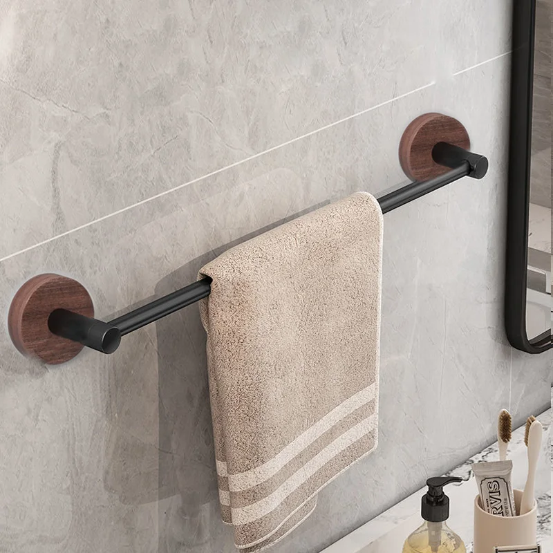 Hotaan Modern Style Matte Black Wall Mounted Single Towel Bar Bathroom Towel Hanger Shelf Bathroom Accessories Holder wood base