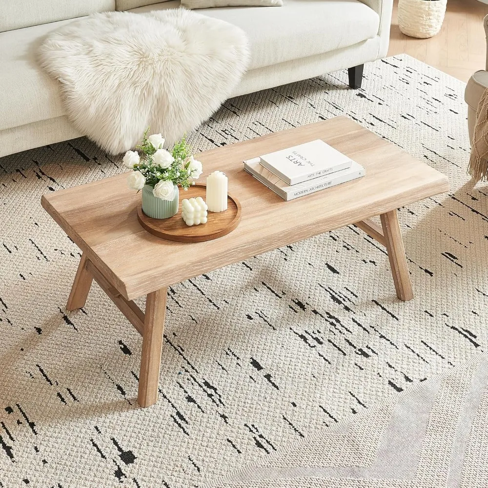 43 طاولة قهوة من الخشب الصلب للمزرعة، طاولة مركزية مستطيلة ريفية لغرفة المعيشة، طبيعية #5