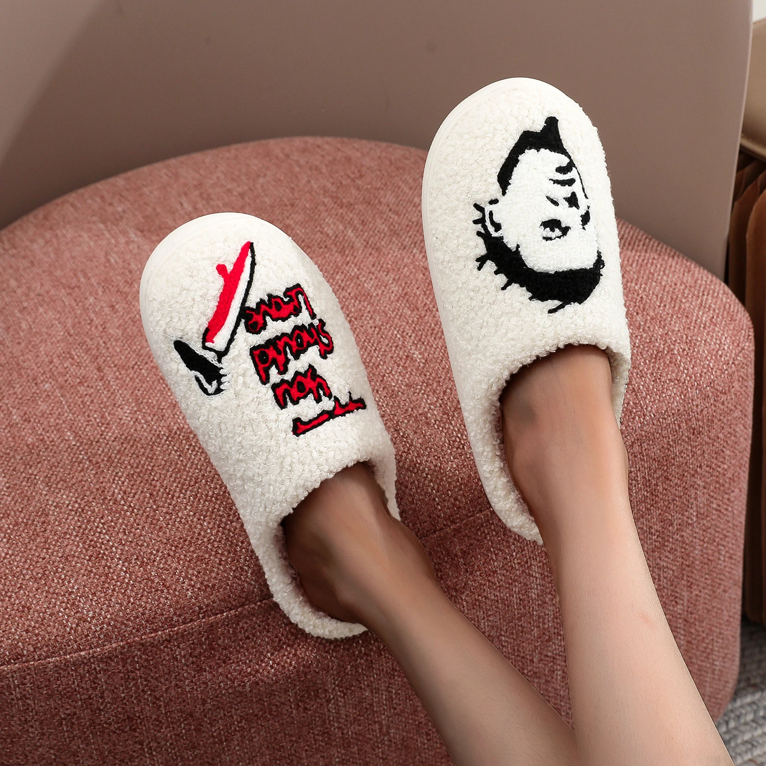 Horror Thriller Movie Michael Myers Halloween Embroidery stuffed Home Thick Sole plaid Furry Cotton Slippers Cute Warm Non-slip Indoor Slippers For