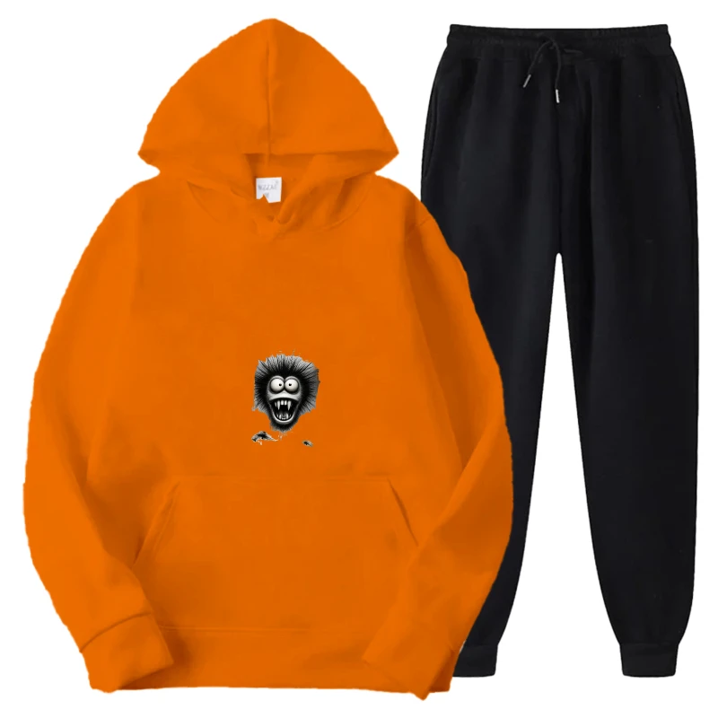 طقم هوديي بنطال رياضي برتقالي وأسود مطبوع عليه جمجمة ملابس غير رسمية للرجال والنساء ملابس خريف وشتاء موضة ملابس الشارع #1