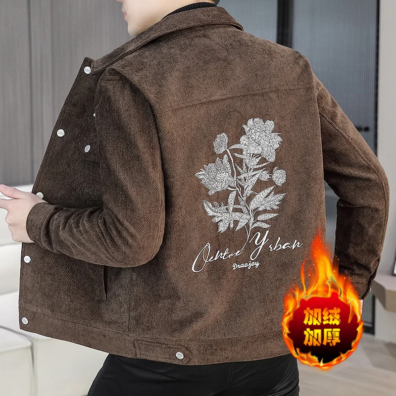 2024 Winter Korean Flower Embroidered Woolen Jacket Men Casual Business Trench Coat Thick and Warm Social Overcoat Men Clothing