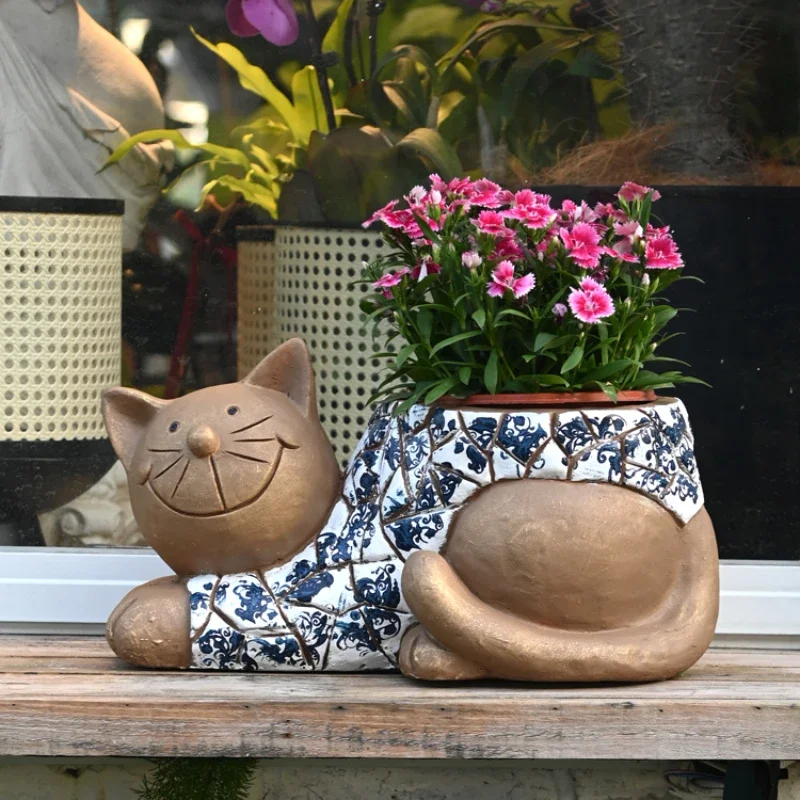 Imitation Blue and White Porcelain Cat Flowerpot, Chinese Style, Retro Ornament, Cute Cartoon Animal, Garden Decoration, Balcony