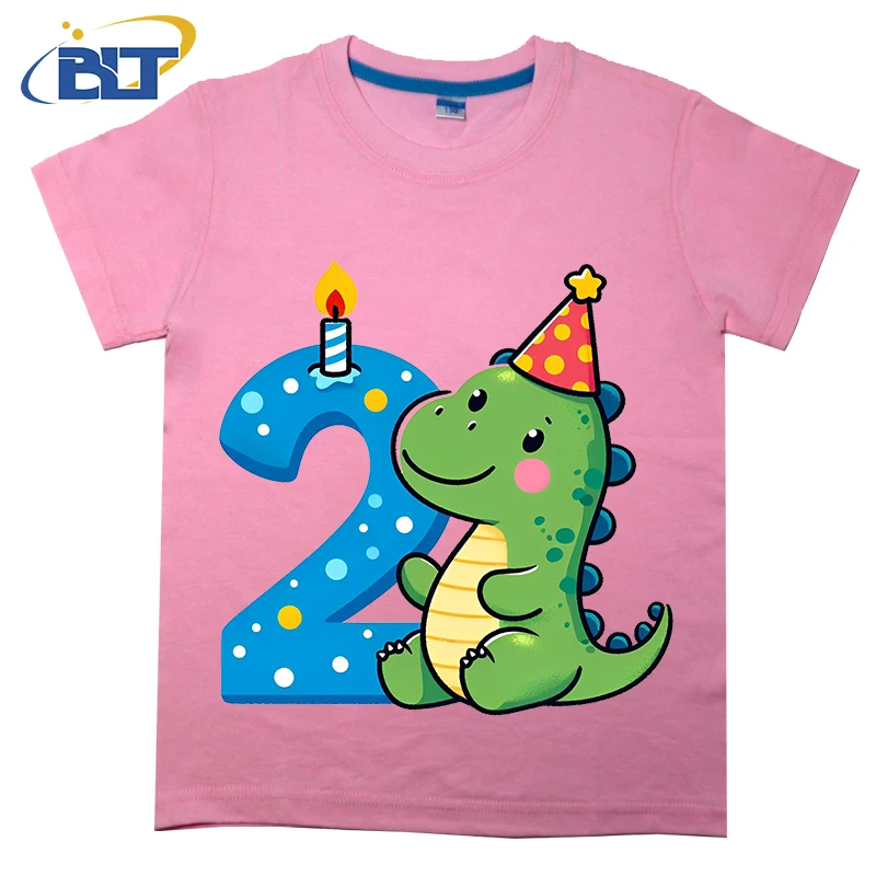 Dinosaur 2nd Birthday printed kids T-shirt, summer cotton short-sleeved casual top, suitable for boys and girls