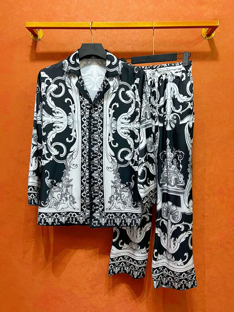 Men's shirt and pants set - fashionable black and white Cuban collar, high-quality luxury short sleeved summer clothing