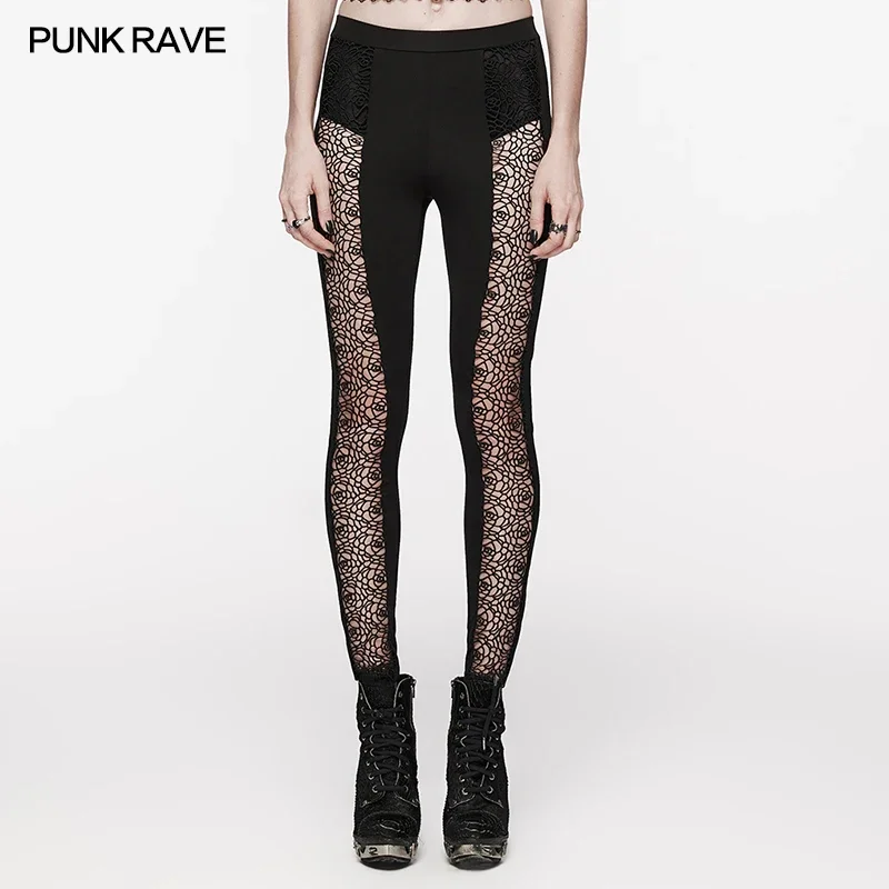 

PUNK RAVE Women's Gothic Hollowed Out Parts Spliced Lace Daily Pants Sexy Mysterious Slim Thin Black Legging Spring/summer