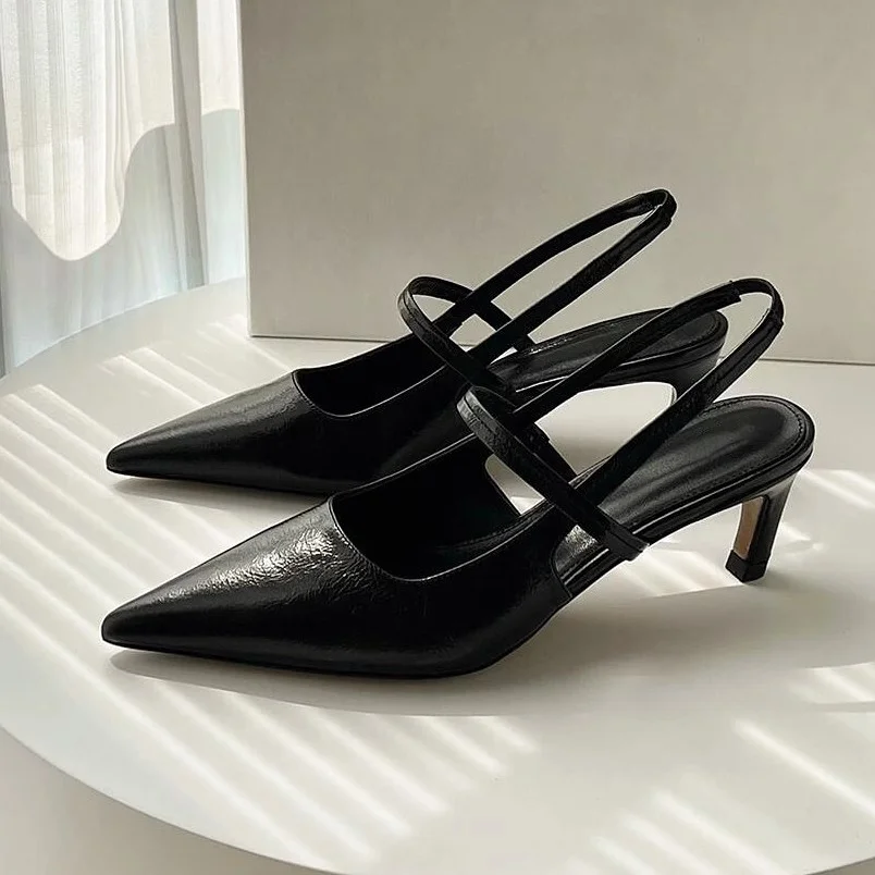 2025 Summer New Women Black High Heels Pointed Toe Stiletto Thin Strap Combination Back Strap Simple Design Office Lady Sandals