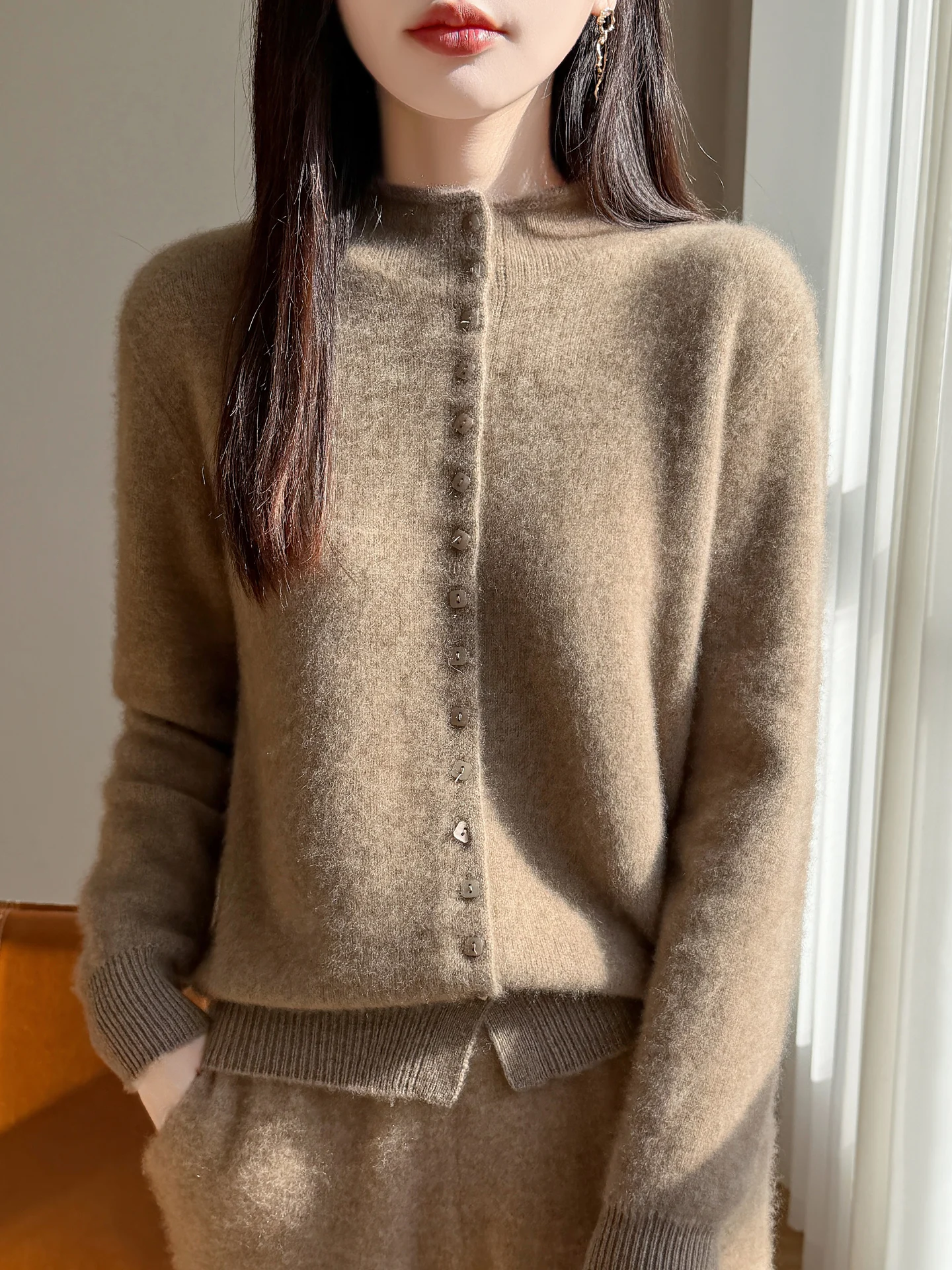 100% Merino Wool Women's Half High Collar Button Up Cardigan Autumn Winter Casual Fashion Cashmere Knitted Sweater