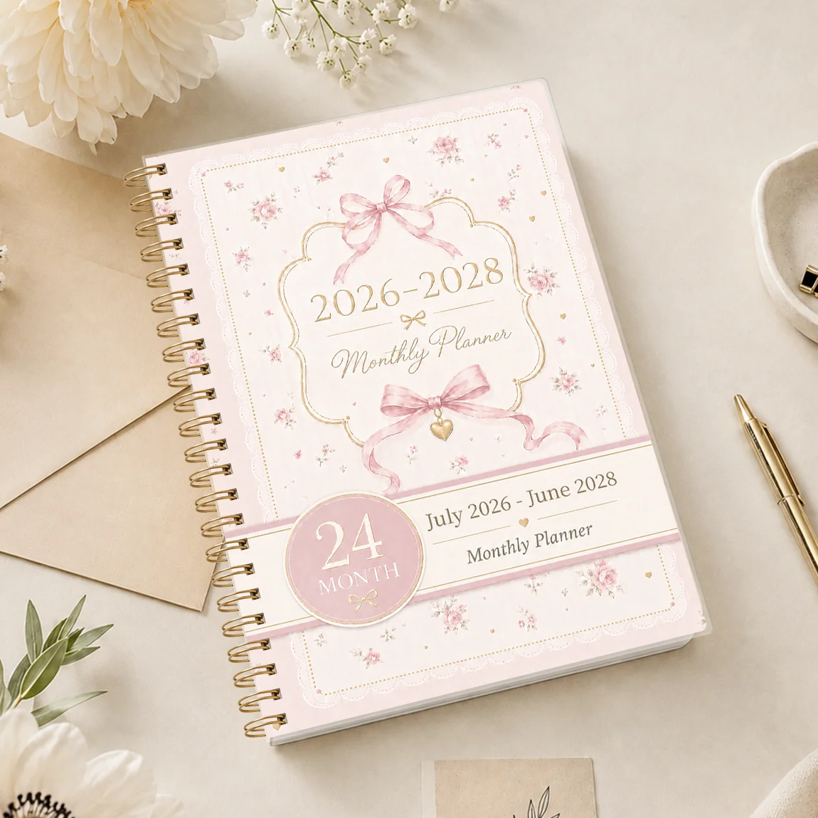 1pc 2026.7-2028.6 24 Monthly Planner, Pink Bow Floral A5 Spiral Agenda Notebook with Reference Calendars and Notes Pages