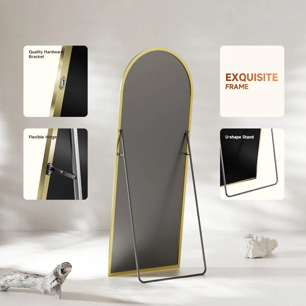 Large Gold Tempered Glass Arched Floor Mirror with Stand, Wall Hanging or Freestanding Body Length Mirrors for Home Décor