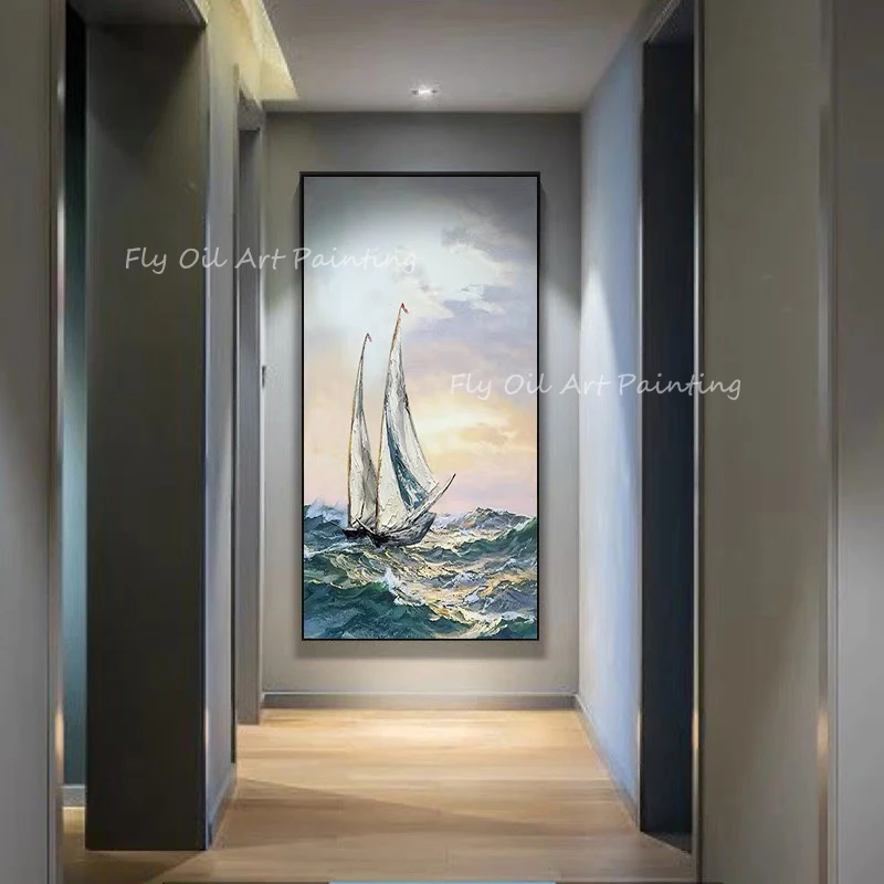 

100% Handmade ocean seascape thick wave blue canvas with sailboat fashion Oil Painting Modern Picture for Living Room gift