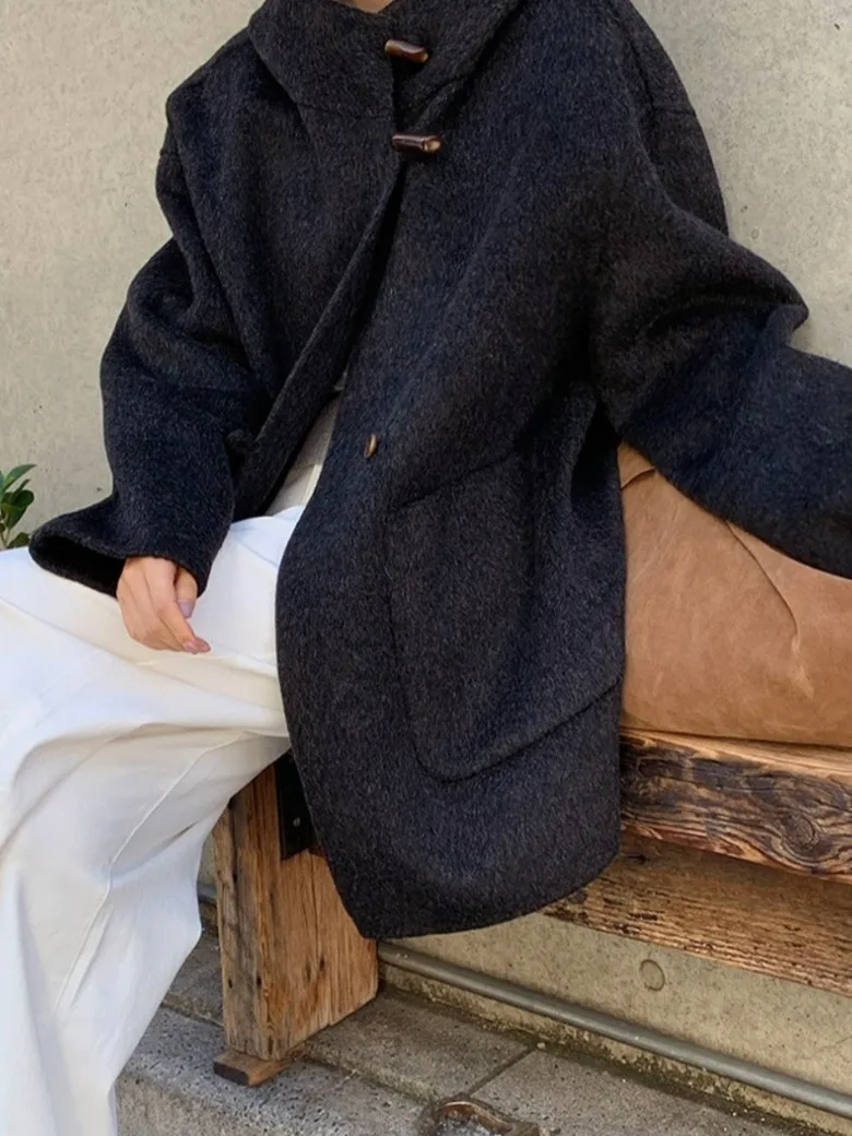 

Chic Autumn Winter Women's Long Woolen Coat College Sle Button up Hooded Sweater Outerwear Classic Agel Design