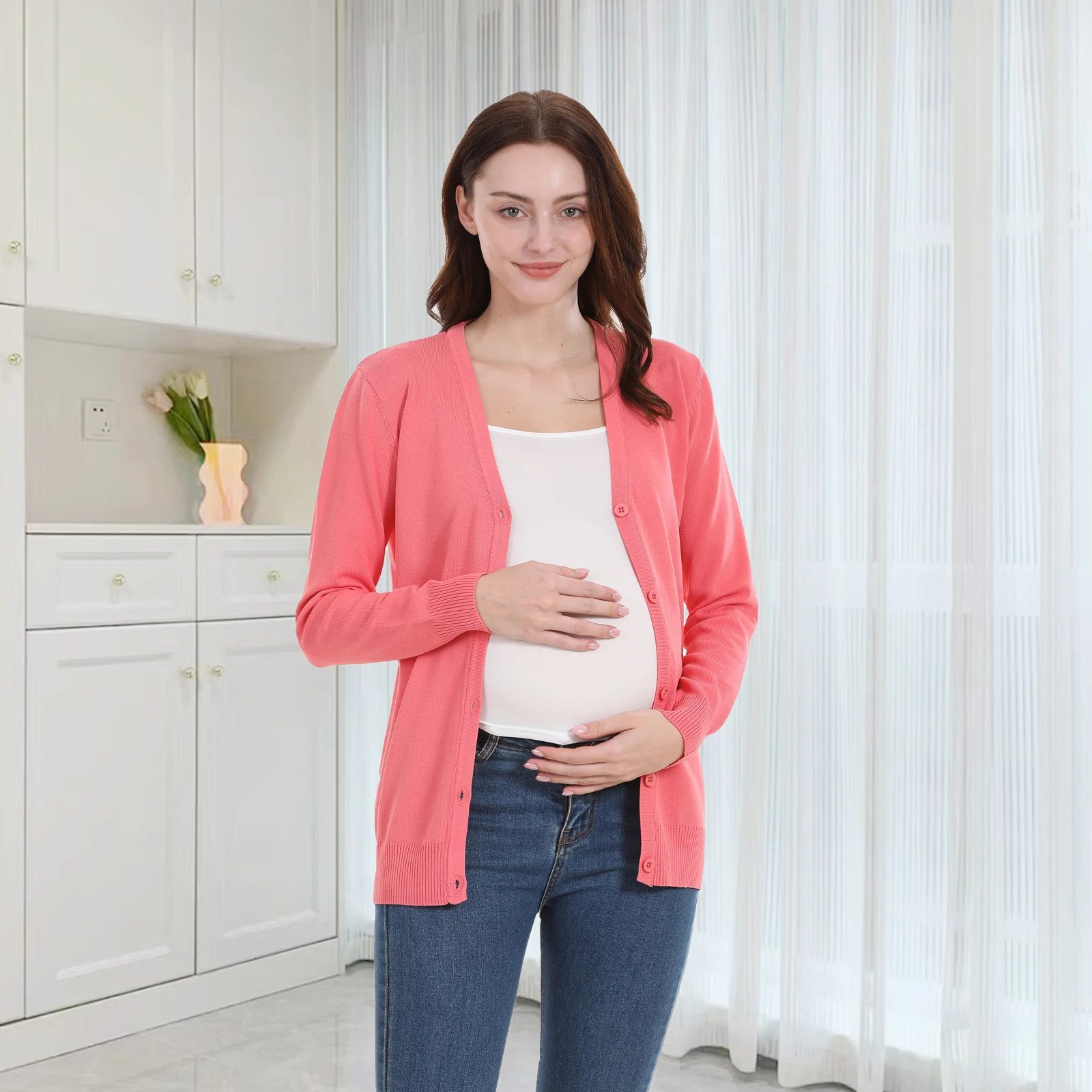 2025 Plus Size Pregnant Women Coat Cardigan Spring Long Sleeve Maternity Sweater Stretch Breastfeeding Clothes US Size