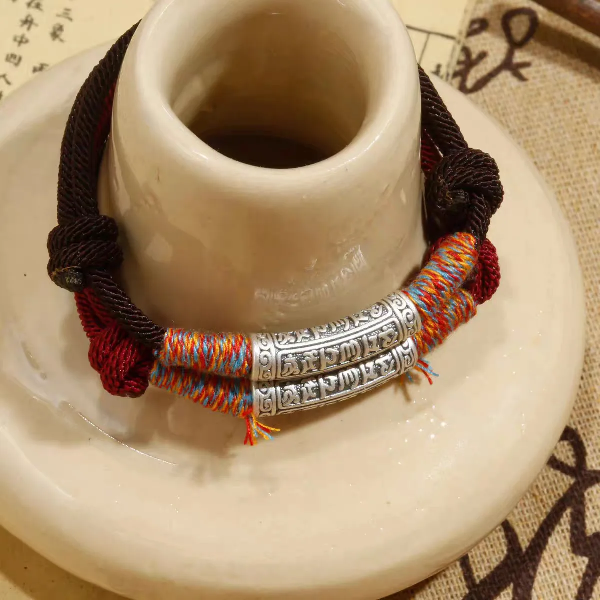 Om Mani Padme Hum Pure Silver Six-word Mantra Bead Bracelet: Handwoven Tibetan Cord Couple Gift