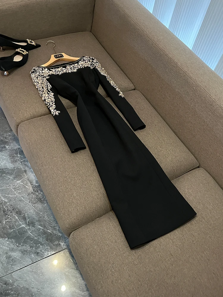 Exquisite Mid-Length Dr with Heavy Embroidery Net Patchwork And Diamond Embedding Commute Sle Ladies Faion